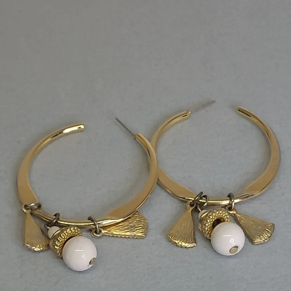 Vintage Hoop Earrings Woman Gold Tone White Bead Dangle Charms Boho Statement